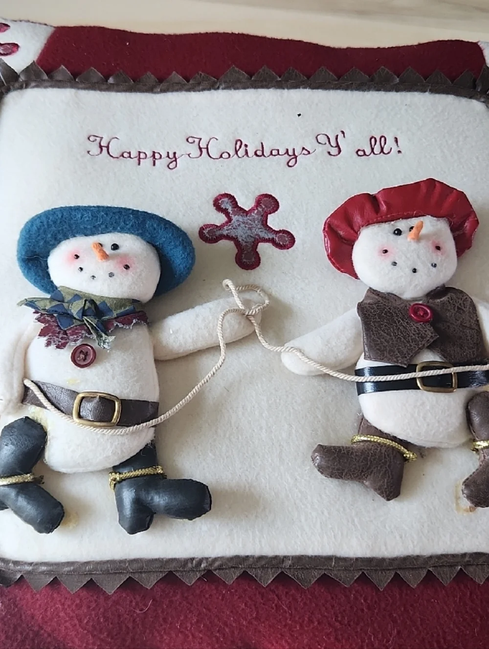 Holiday Snow Couple Decorative Pillow 14x14 - Red and Cream